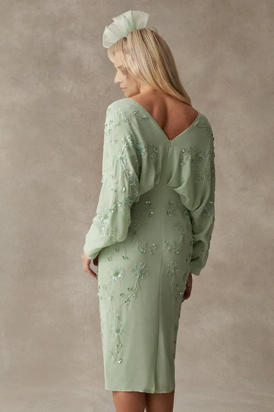 Beaded Sequins V Neck Kimono Midi Dress V-Neck Wedding Guest Dresses Chiffon Mother of the Bride Dresse