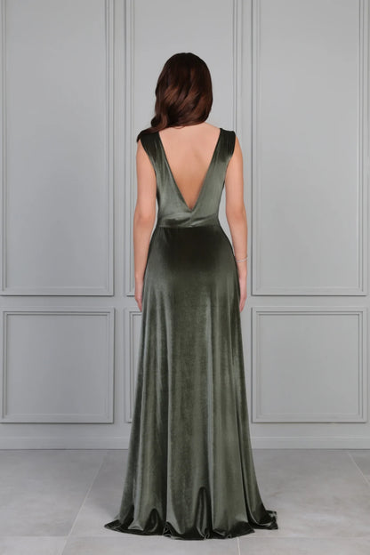 Bridesmaid Dress Velvet Dress Slit Dress Dusty Sage Sleeveless Backless Elegant A Line Dress