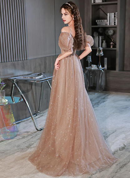 A-Line Princess Glitter Champagne Tulle Off Shoulder Long Party Dress Formal Dress Prom Dress