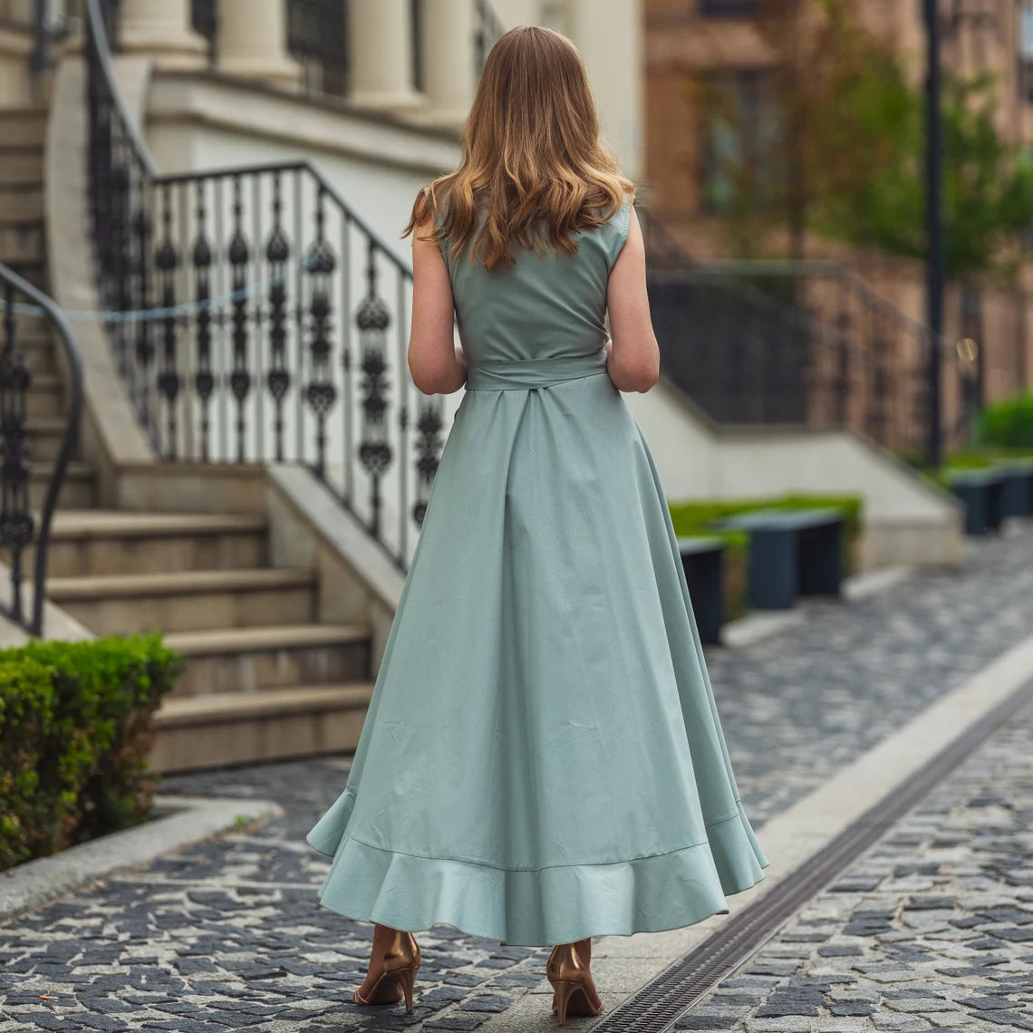 Sage Green A-Line Asymmetrical Wrap Around Dress Bridesmaid Dress Wedding Guest Dress
