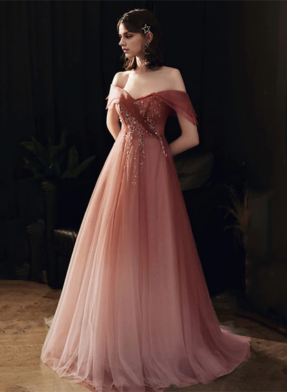 A-Line Princess Off Shoulder Pink Gradient Tulle Long Beaded Formal Dress Tulle Prom Dress