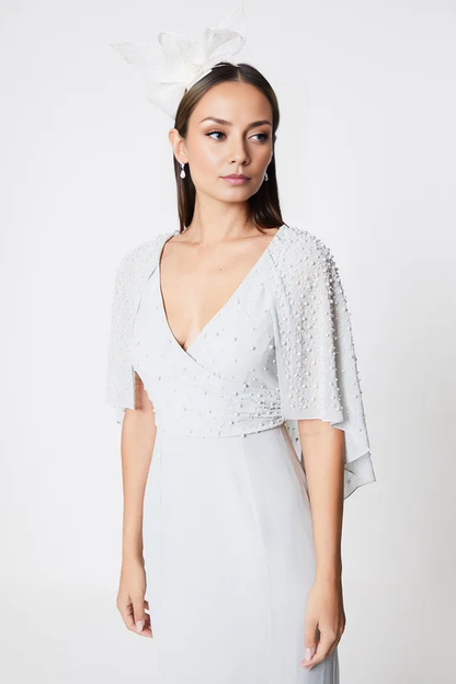 Pearl Embellished Cape Wrap V-Neck High Low Midi Dress Wedding Guest Party Dresses Mother of the Bride Dresse