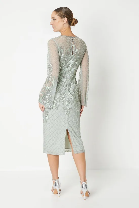 Embellished And Embroidered Midi Dress Long Sleeves Knee-length Wedding Guest Dresses