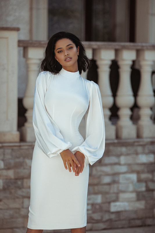 Wedding Guest Dress With Long Puff Sleeve Elegant Beige Dress With High Neck