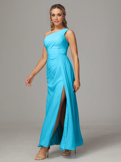 One Shoulder Floor Length Chiffon Bridesmaid Dress With Slit