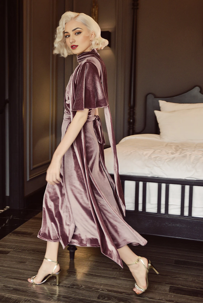 Winter Short Sleeves V-Neck Midi Dress Velvet Party Dress Wedding Guest Dress