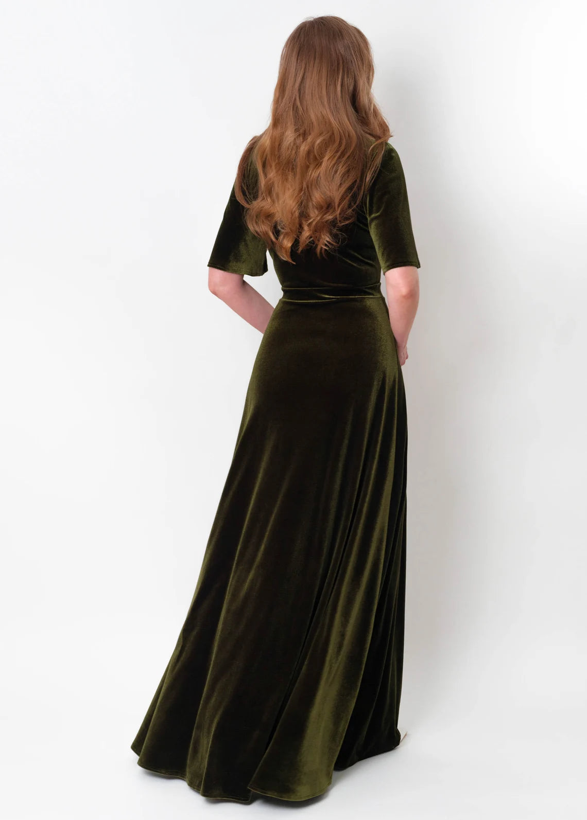 Olive Green Velvet Winter Long Bridesmaid Velvet Wedding Guest Dress Slit Dress