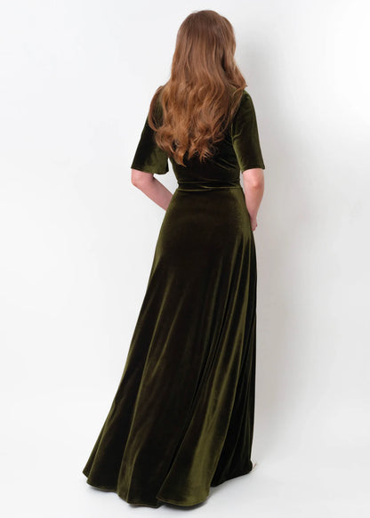 Olive Green Velvet Winter Long Bridesmaid Velvet Wedding Guest Dress Slit Dress