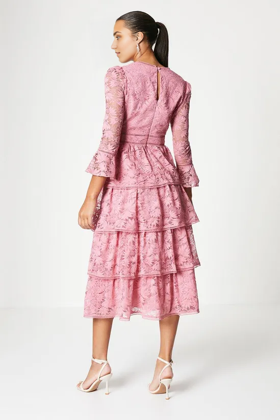 A-Line V-Neck Layered Lace Dress With Ruffle Sleeve Wedding Guest Dresses Cocktail Dresses