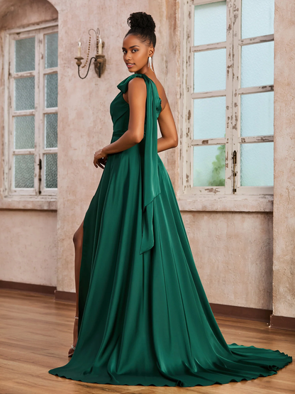 One Shoulder Ruched A-line Long Dress With Ribbons Dark Green Bridesmaid Dresses with Sweep Train