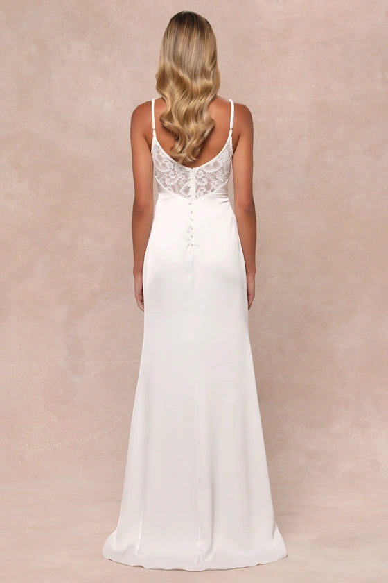 White Satin Cowl Neck Mermaid Maxi Dress Simple Wedding Dresses