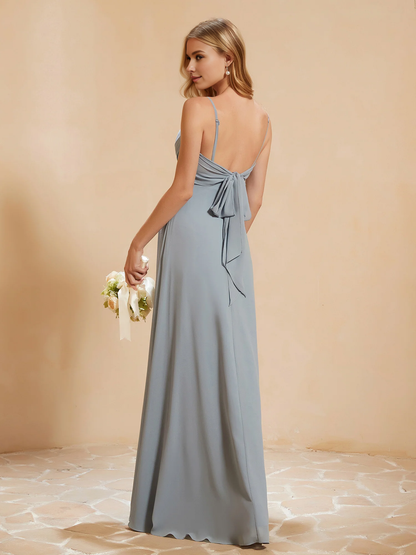 Sweetheart Pleated Long Dress With Slit Dusty Blue Chiffon Bridesmaid Dress