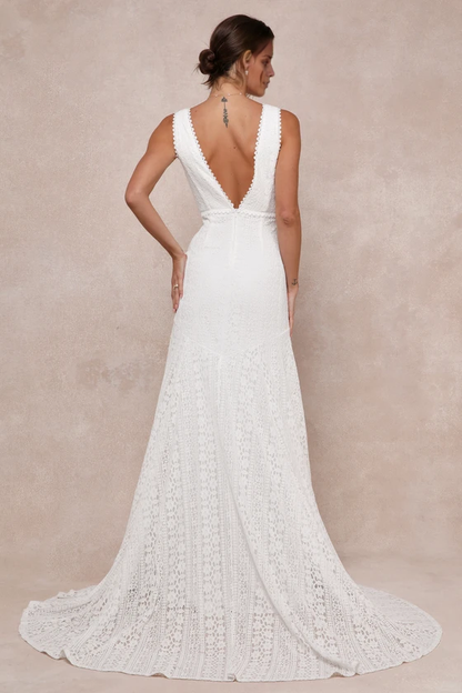 Ivory Lace Sleeveless Backless Trumpet Maxi Dress Deep V-Neck Chapel Train Wedding Dress
