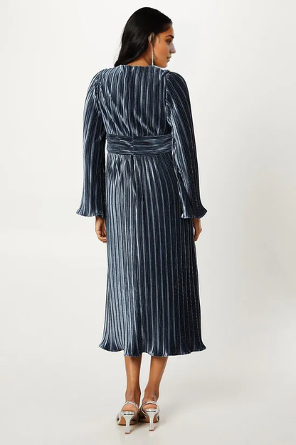 Pleated Velvet Long Sleeve V-Neck Pencil Dress Wedding Guest Dresses