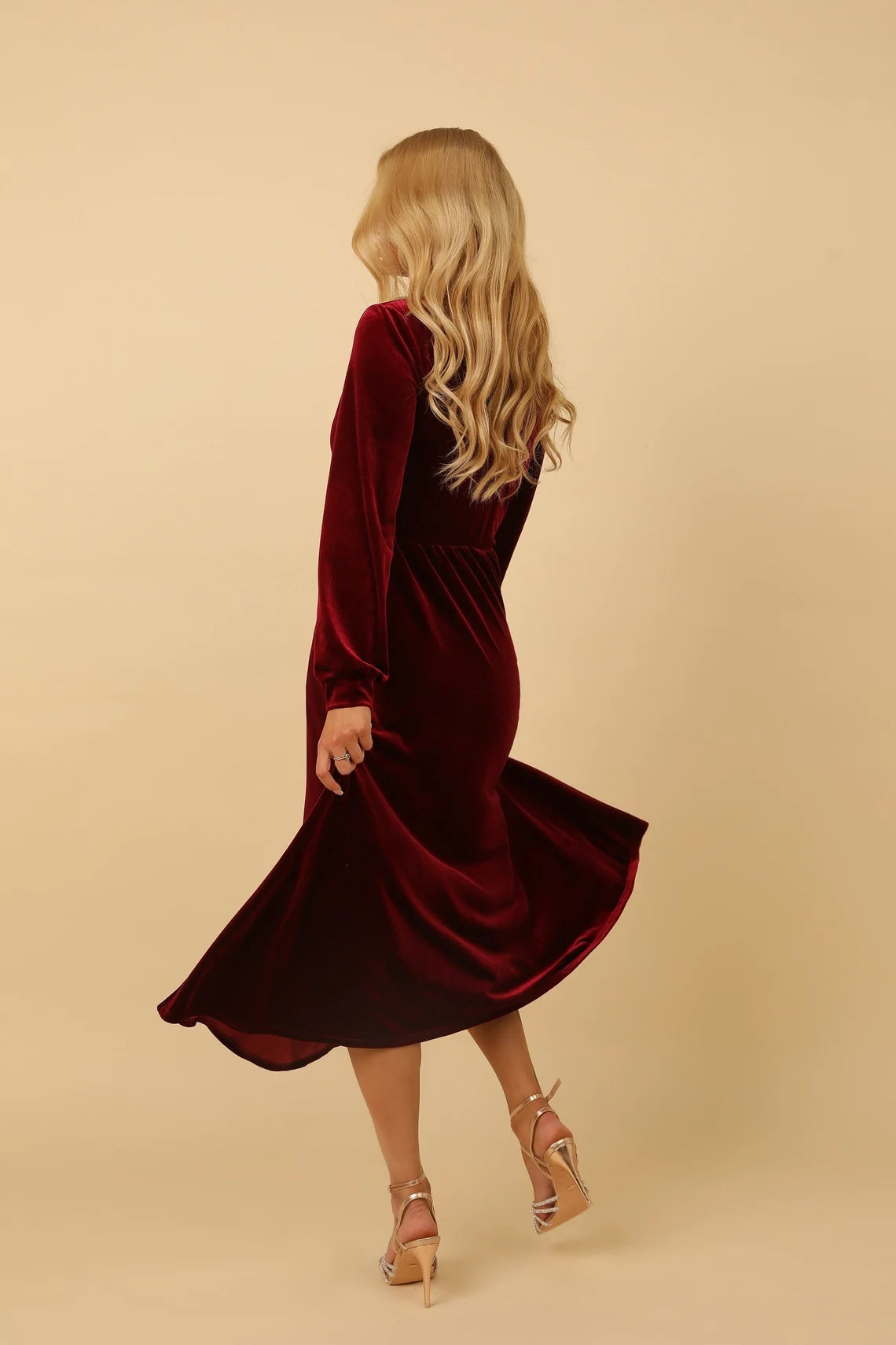 Burgundy Velvet Long Sleeves Winter Midi Dress Evening Dress Wedding Guest Dress Cocktail Dress