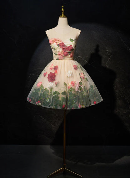 Cute Flowers Round Neckline Light Champagne Party Dress, Short Cute Prom Dress