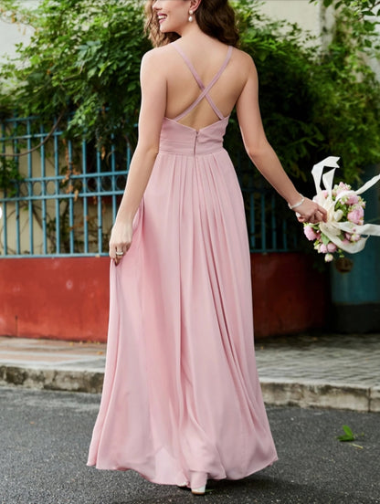 Sleeveless Chiffon Long Dress With Ruffle Ruched Dusty Rose Bridesmaid Dresses