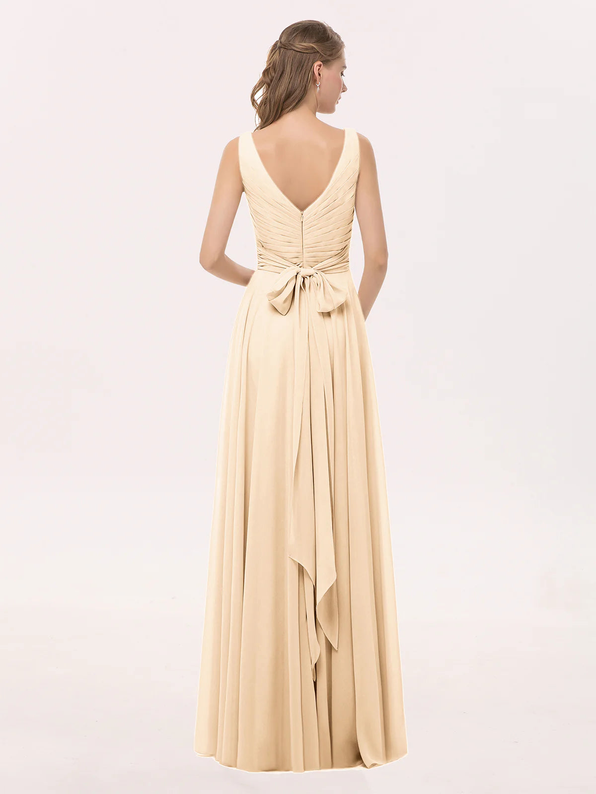 V Neck Long Floor-length Chiffon Dress Bridesmaid Dresses with Bow Peach