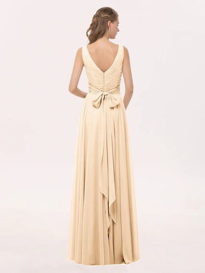 V Neck Long Floor-length Chiffon Dress Bridesmaid Dresses with Bow Peach