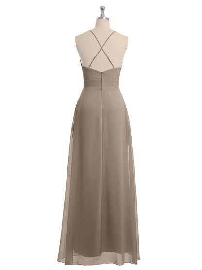 Spaghetti Strap V-neck Chiffon Gowns with Pocket-Taupe Long Bridesmaid Dresses