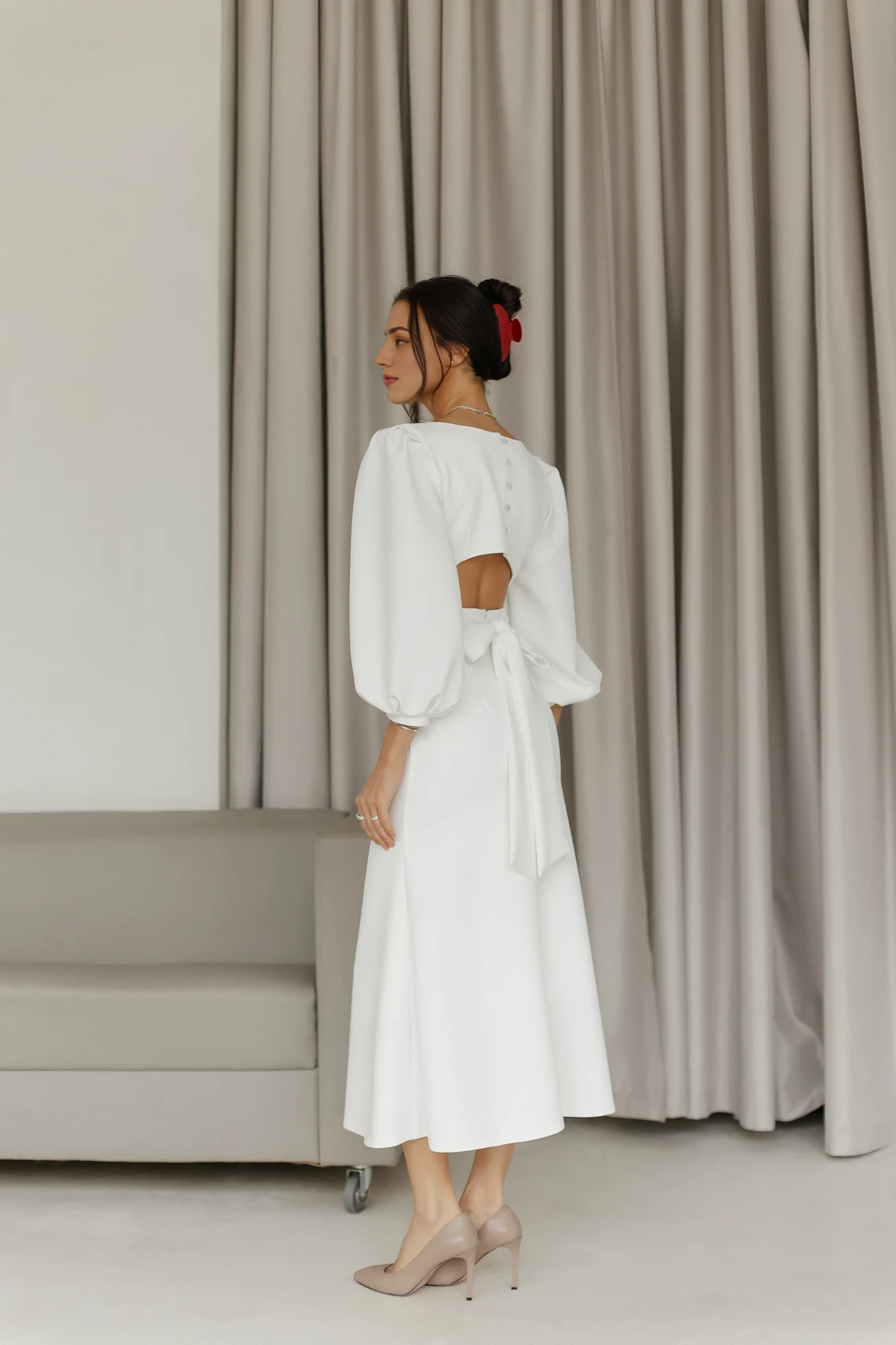White Puff Short Sleeves Backless White Midi Dress Wedding Guest Dress Koutun Dress White Puff Short Sleeves Backless White Midi Dress Wedding Guest Dress Koutun Dress