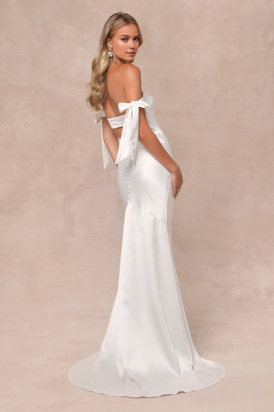 White Cutout Satin Off-the-Shoulder Maxi Dress Wedding Dresses