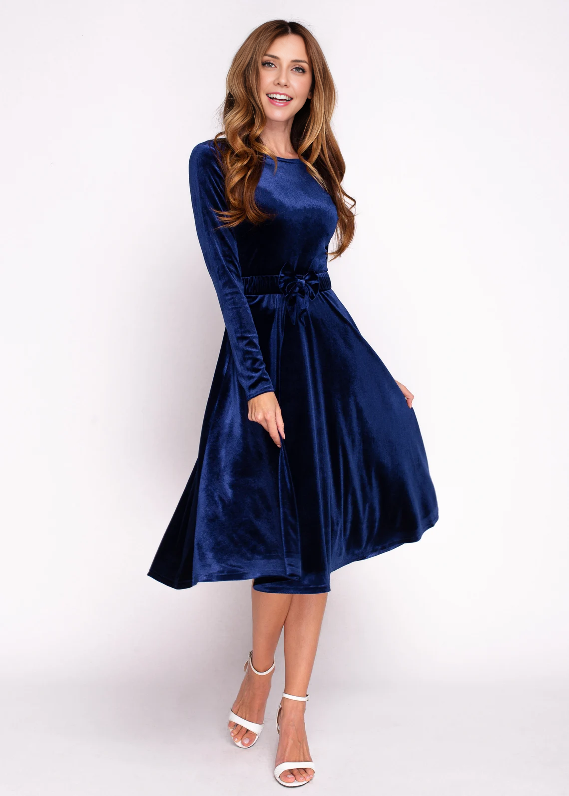 Navy Blue Velvet Dress With Belt Christmas Velvet Long Sleeves Bridesmaid Dress Wedding Guest Dress Party Dress