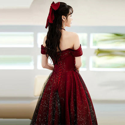 A-Line Princess Sparkling Red and Black Off Shoulder Satin Party Dress Long Evening Dress