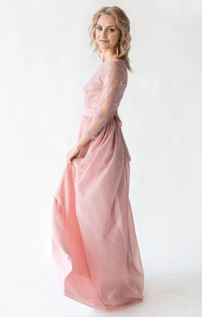 Blush Long Dress With Lace Formal Chiffon Wedding Party Gown Floor Length Flowy Mother of the Bride Dresse