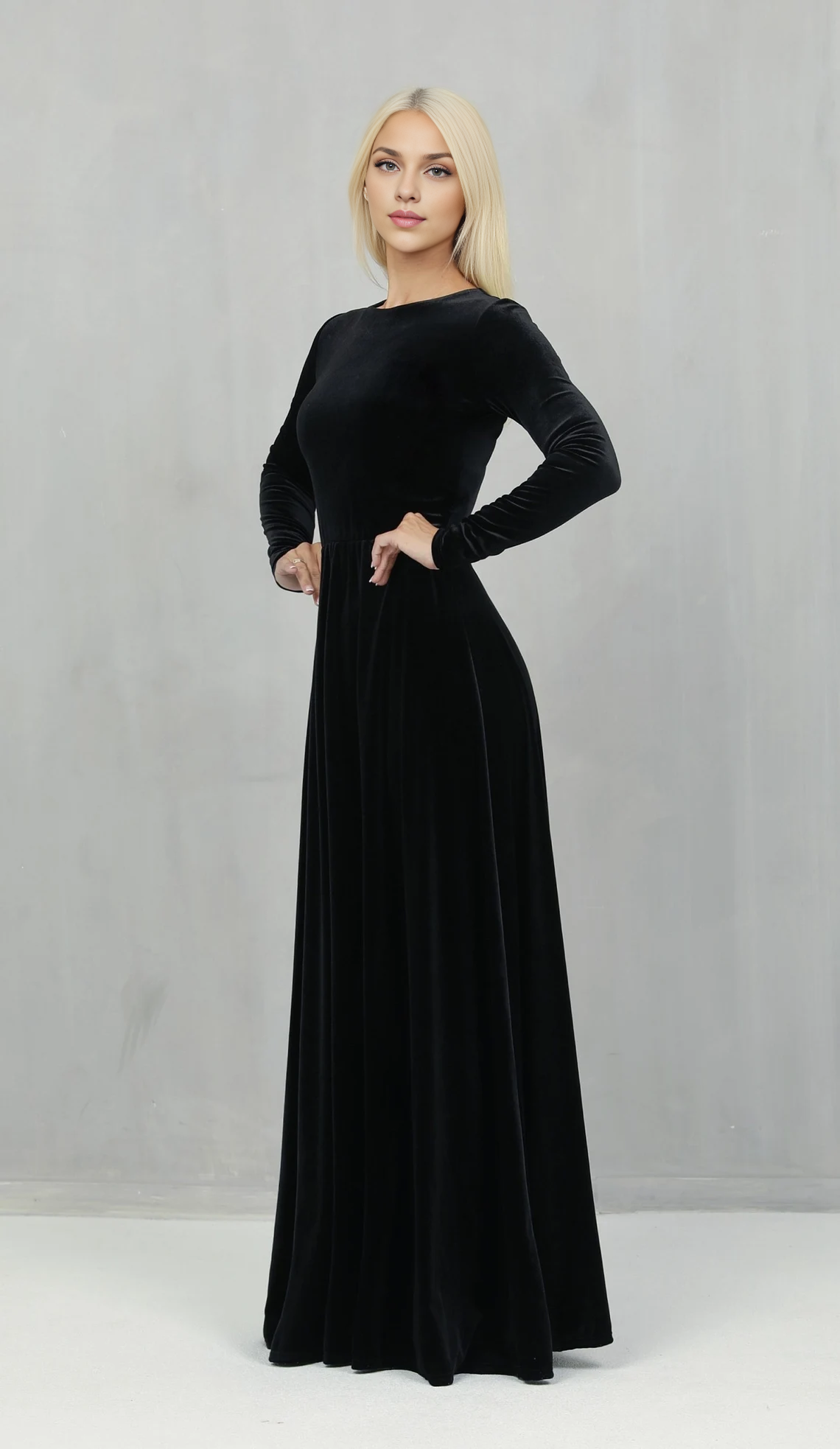 Black Velvet Bridesmaid Dress Long Sleeve Floor-length Maxi Dress Wedding Guest Dress