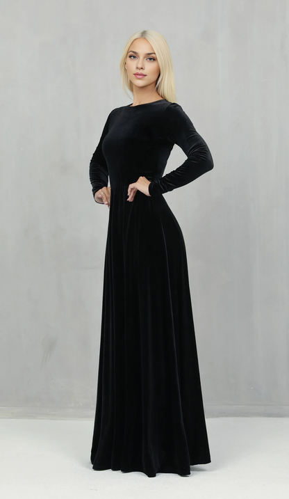 Black Velvet Bridesmaid Dress Long Sleeve Floor-length Maxi Dress Wedding Guest Dress