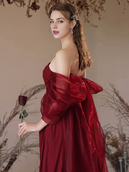 Simple Off Shoulder Satin Burgundy Long Floor-length Prom Dress Evening Dress
