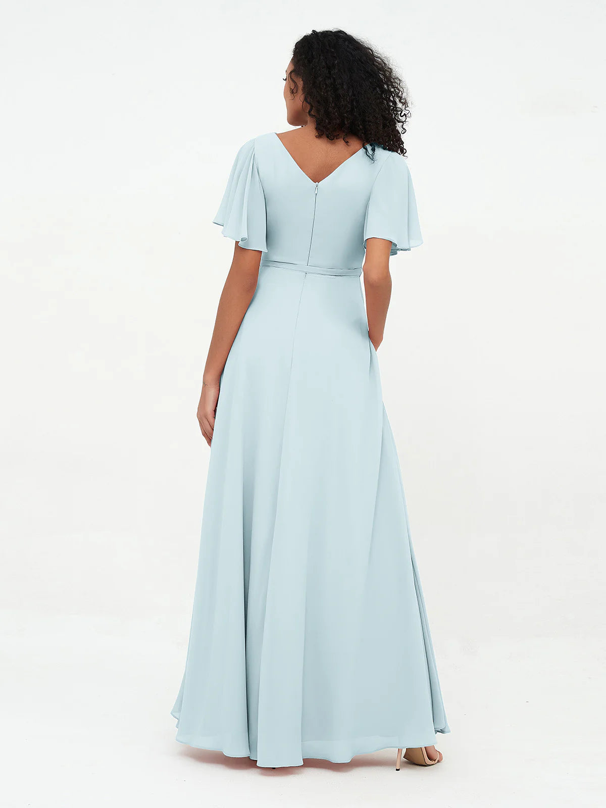 Flutter Sleeves Chiffon Max Dresses Floor-length Bridesmaid Dresses with Sash Bow