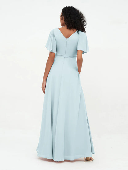 Flutter Sleeves Chiffon Max Dresses Floor-length Bridesmaid Dresses with Sash Bow