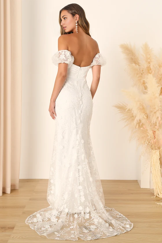 White 3D Floral Embroidered Maxi Dress One-shoulder Sheath Wedding Dresses