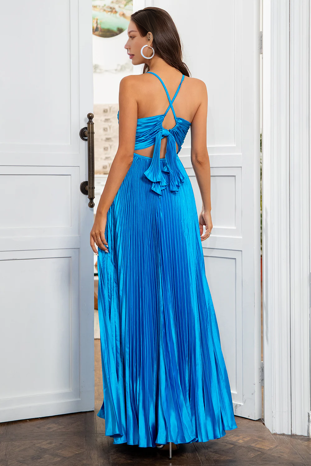 A Line Spaghetti Straps Lake Blue Long Prom Dress