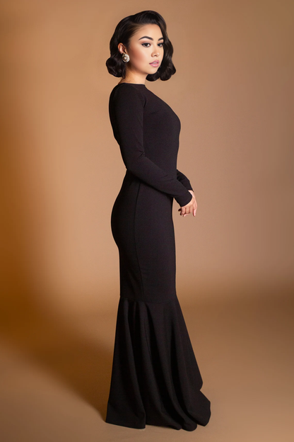 Black Boat Neck Dress Backless Long Sleeve Mermaid Dress Sleek Wedding Guest Dress