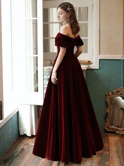 A-Line Princess Velvet Off Shoulder Simple Long Party Dress Velvet Bridesmaid Dress