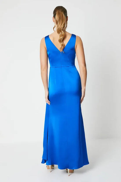 Wrap Front Waist Detail Gown Sleeveless Satin Floor-length Wedding Guest Dresses Mother of the Bride Dresse