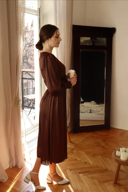 A-Line Long Sleeves Satin Tea Length Wedding Mother of the Bride Dresse