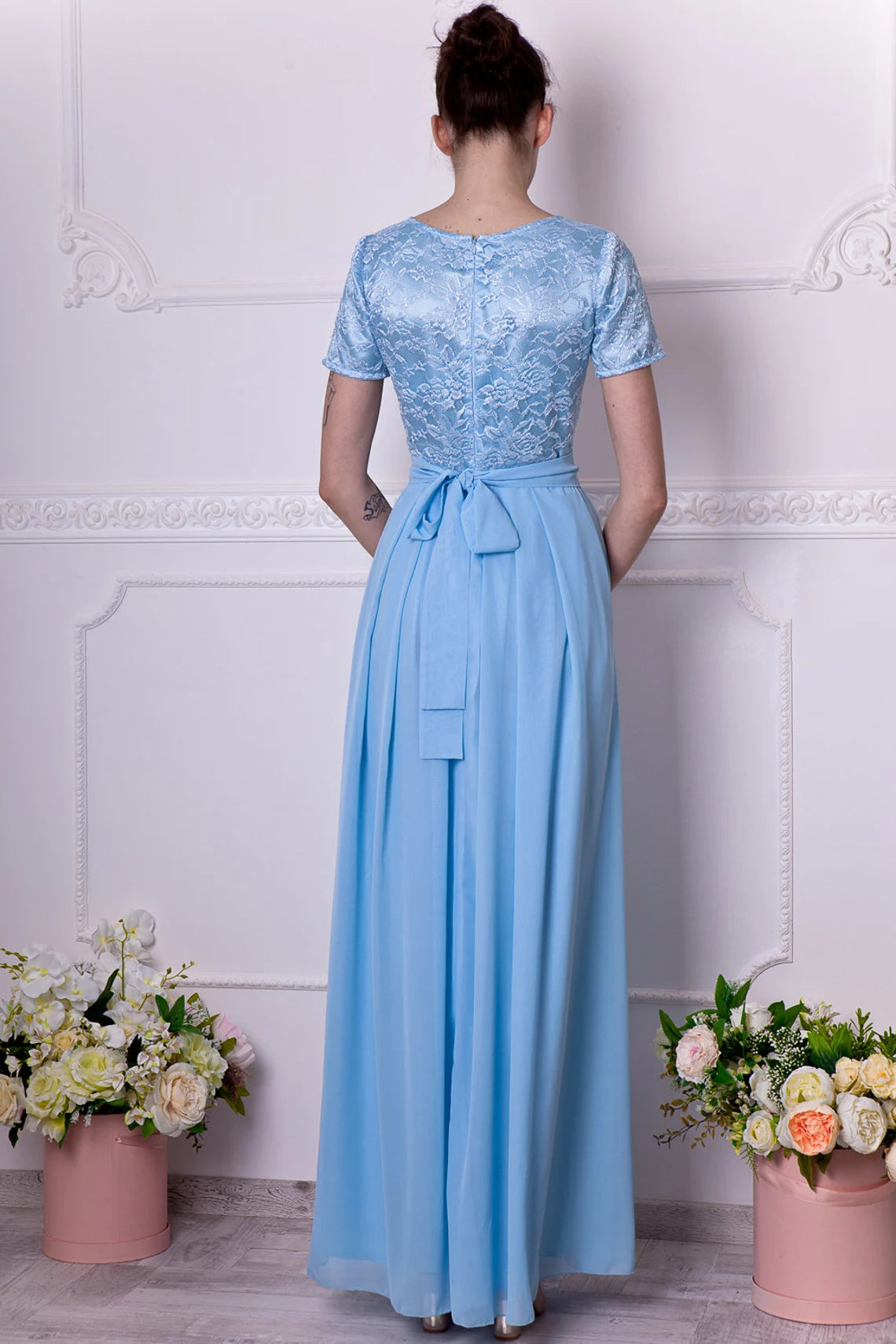 Long Light Blue Bridesmaid Dress With Short Sleeves Modest Baby Blue Lace Chiffon Mother of the Bride Dresse