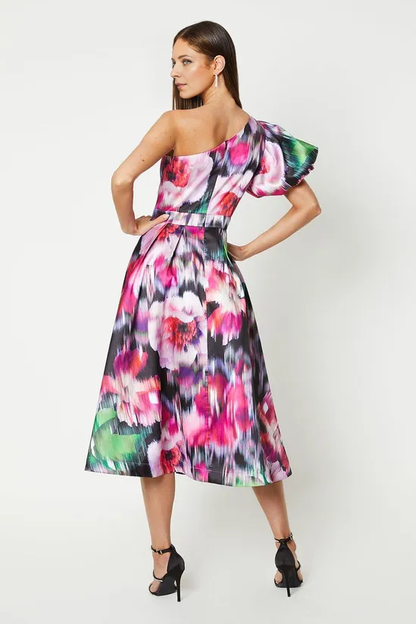 Printed One Shoulder Puff Sleeve Tea length Midi Dress Wedding Guest Dresses