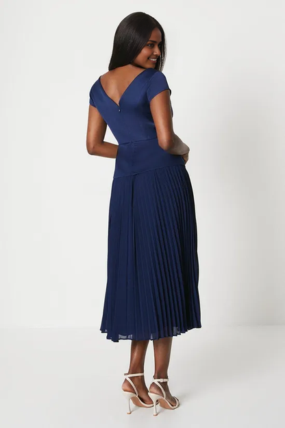 Pleated Dress Overlay Bodice A-Line Short Sleeves Midi Dress Mother of the Bride Dresse