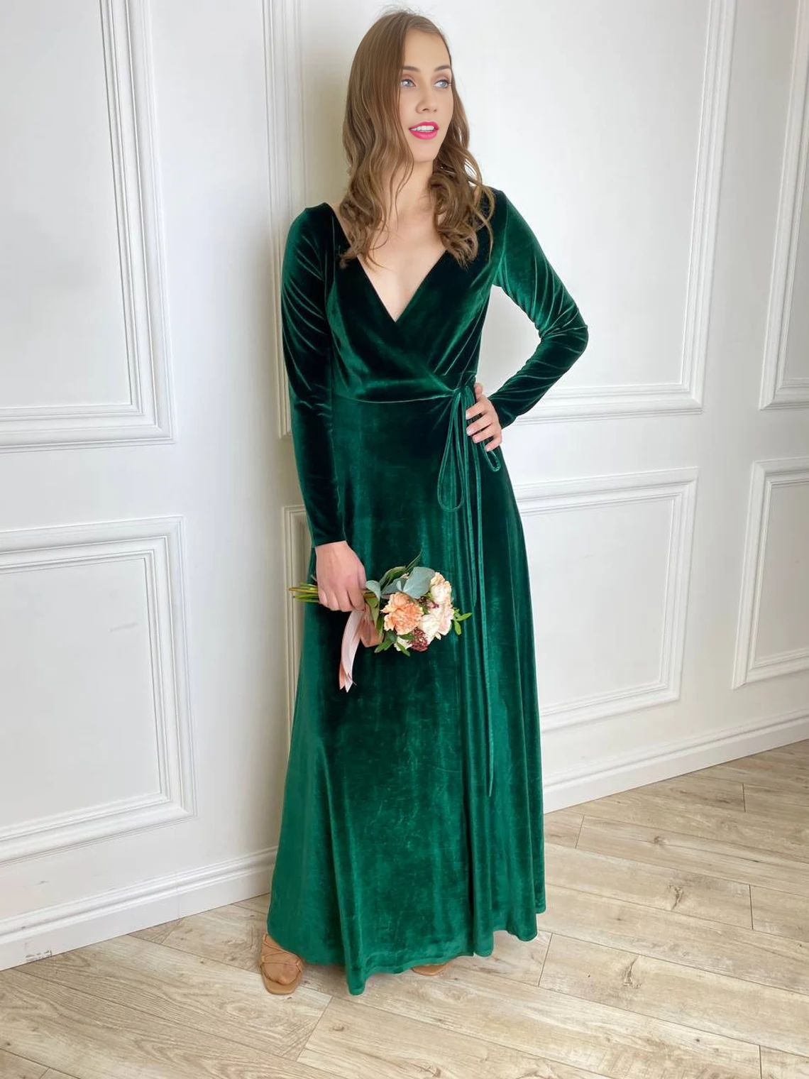 Velvet Bridesmaid Dress Mother of the Bride Long Sleeve V Neck Evening Dress