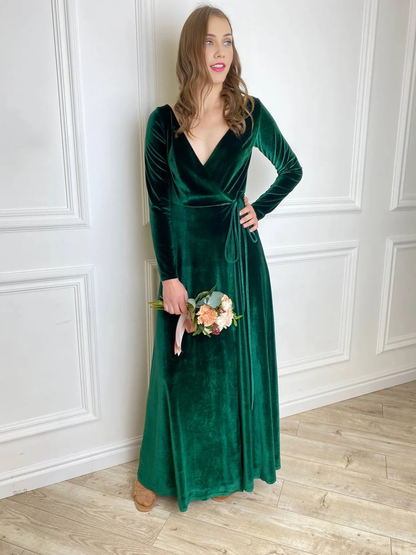 Velvet Bridesmaid Dress Mother of the Bride Long Sleeve V Neck Evening Dress