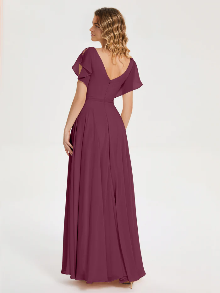 A-Line Princess V-neck Pleats Chiffon Bridesmaid Dress with Ruffles