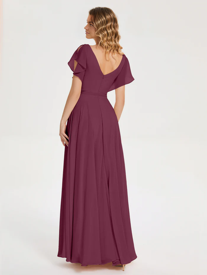 A-Line Princess V-neck Pleats Chiffon Bridesmaid Dress with Ruffles