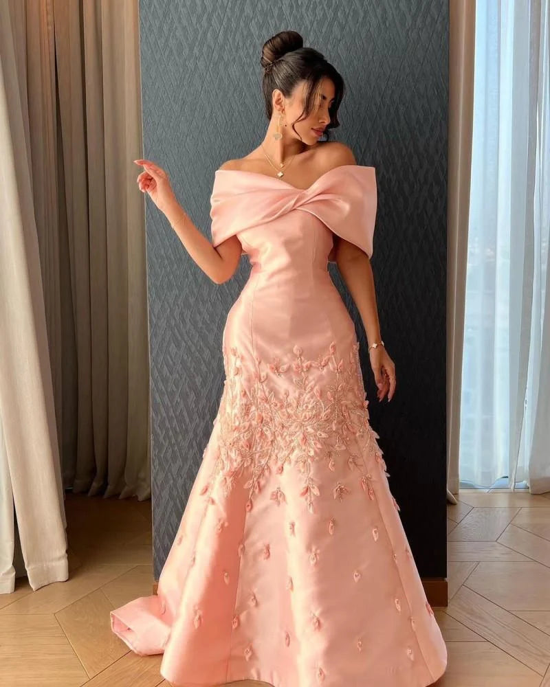 Blush Pink Floral Prom Dresses Off The Shoulder Applique Prom Dress 2025