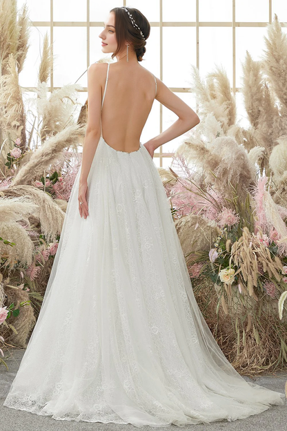 Sequins/Sparkling Wedding Dress V neck Blackless Sweep Train Dresses