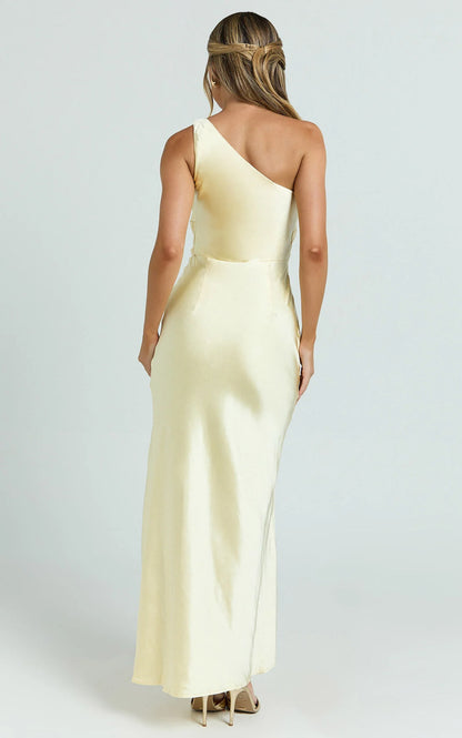 asymmetrical neckline off shoulder sleeveless backless side slit and floor length Prom dress